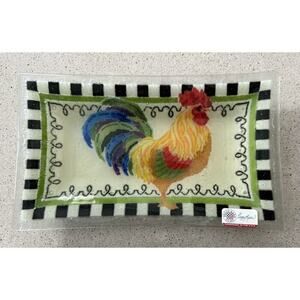 NWT Peggy Karr Fused Glass Tray Farmyard Barnyard Rooster Black White Trim